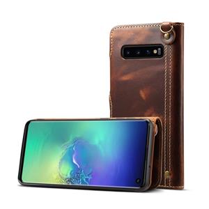 Voor Galaxy S10 Denior Oil Wax Cowhide Magnetic Button Horizontal Flip Leather Case with Card Slots & Wallet(Brown)