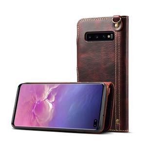 Voor Galaxy S10 Plus Denior Oil Wax Cowhide Magnetic Button Horizontal Flip Leather Case met Card Slots & Wallet (Donkerrood)