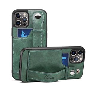 huismerk TPU + PU lederen schokbestendige beschermhoes met kaartsleuven en handriem voor iPhone 13 Pro Max (groen)