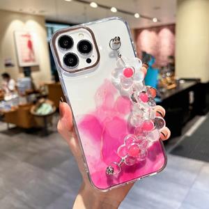 huismerk Gold Halo Marble Pattern Case with Flower Bracelet For iPhone 13 Pro(Pink)