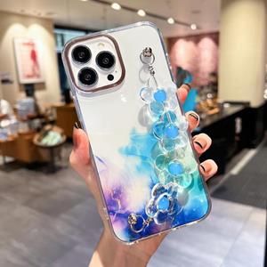 huismerk Gold Halo Marble Pattern Case with Flower Bracelet For iPhone 13 Pro Max(Blue)