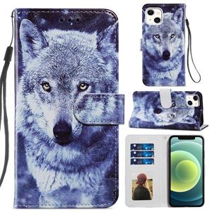 huismerk Geschilderd Patroon Horizontale Flip Lederen Case met Houder & Kaart Slots & Fotolijst voor iPhone 13 (White Wolf)