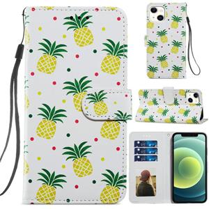 huismerk Geschilderd Patroon Horizontale Flip Lederen Case met Houder & Card Slots & Fotolijst voor iPhone 13 (Pineapple)