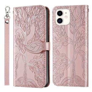 huismerk Life of Tree Embossing Patroon Horizontaal Flip Lederen Hoesje met Houder & Card Slot & Wallet & Photo Frame & Lanyard Voor iPhone 12 mini(Rose Gold)