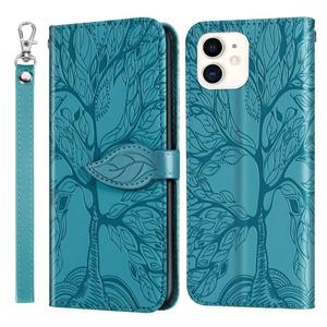 huismerk Life of Tree Embossing Patroon Horizontaal Flip Lederen Hoesje met Houder & Card Slot & Wallet & Photo Frame & Lanyard Voor iPhone 12 mini(Lake Blue)