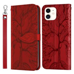 huismerk Life of Tree Embossing Patroon Horizontaal Flip Lederen Hoesje met Houder & Card Slot & Wallet & Photo Frame & Lanyard Voor iPhone 12 mini(Rood)