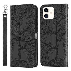 huismerk Life of Tree Embossing Patroon Horizontaal Flip Lederen Hoesje met Houder & Card Slot & Wallet & Photo Frame & Lanyard Voor iPhone 12 mini(Zwart)