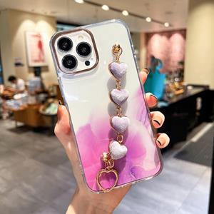 huismerk Gold Halo Marble Pattern Case with Love Bracelet For iPhone 13 Pro(Purple)