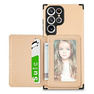 huismerk Voor Samsung Galaxy S22 Ultra 5G Koolstofvezel Magnetische Kaarthouder TPU + PU Case (Khaki)