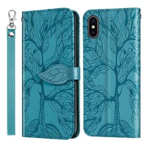 huismerk Life of Tree Embossing Pattern Horizontale Flip Lederen Case met Holder & Card Slot & Wallet & Photo Frame & Lanyard Voor iPhone X / XS(Lake Blue)