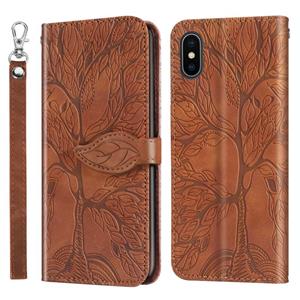 huismerk Life of Tree Embossing Pattern Horizontale Flip Leather Case met Holder & Card Slot & Wallet & Photo Frame & Lanyard Voor iPhone X / XS(Brown)