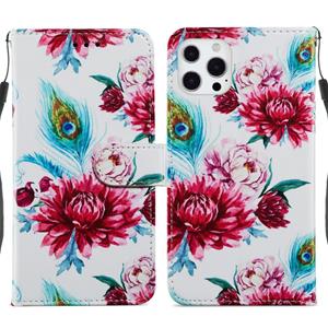 huismerk Geschilderde Patroon Horizontale Flip Leren Case met Houder & Kaart Slots & Fotolijst voor iPhone 13 Pro (Peacock Flower)