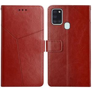 huismerk Voor Samsung Galaxy A21S EU Versie Y Stitching Horizontale Flip Lederen Case met Houder & Card Slots & Portemonnee & Photo Frame (Brown)