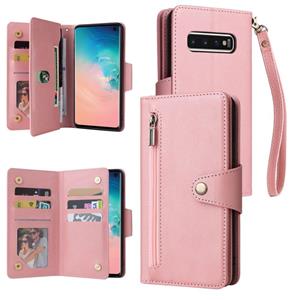 Voor Samsung Galaxy S10 Rivet Buckle 9 Cards Three Lederen Phone Case (Rose Gold)