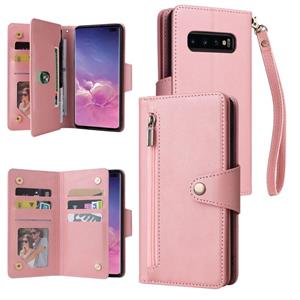 Voor Samsung Galaxy S10 + klinknagel gesp 9 kaarten Drie vouw leren telefooncase (ROSE GOUD)