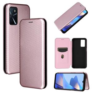 huismerk Voor Oppo A16 Koolstofvezel textuur magnetische horizontale flip TPU + PC + PU lederen tas met kaartsleuf