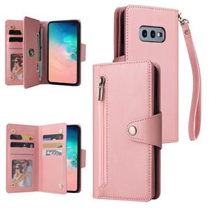 Voor Samsung Galaxy S10E klinknagel gesp 9 kaarten Drie vouw leren telefooncase (Rose Gold)