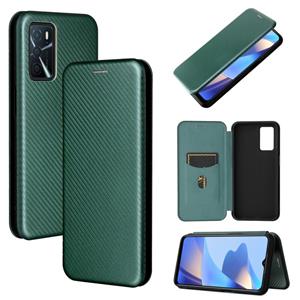 huismerk Voor Oppo A16 Koolstofvezel textuur magnetische horizontale flip TPU + PC + PU lederen tas met kaartsleuf