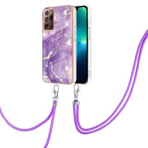 huismerk Voor Samsung Galaxy Note20 Ultra Galvaniseren Marmeren IMD TPU Telefoonhoesje met Lanyard (Purple 002)