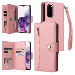 huismerk Voor Samsung Galaxy S20 Klinknagelgesp 9 kaarten Drie vouw leren telefooncase (Rose Gold)