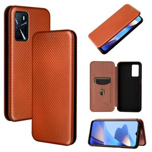 huismerk Voor OPPO A16 carbon fiber textuur magnetische horizontale flip TPU + PC + PU lederen geval met kaartsleuf (bruin)