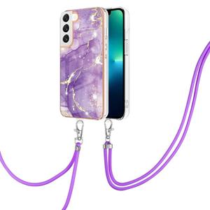 huismerk Voor Samsung Galaxy S22 5G Electroplating Marble IMD TPU Telefoonhoes met Lanyard (Purple 002)