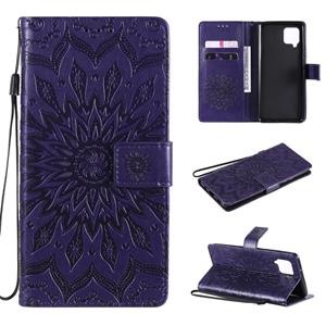 huismerk Voor Samsung Galaxy A42 5G Sun Embossing Patroon Horizontale Flip Lederen Case met Kaart Slot & Houder & Portemonnee & Lanyard (Paars)