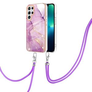 huismerk Voor Samsung Galaxy S22 Ultra 5G Electroplating Marmeren IMD TPU Telefoonhoes met Lanyard (Purple 001)