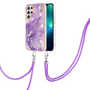 huismerk Voor Samsung Galaxy S22 Ultra 5G Galvaniseren Marmeren IMD TPU Telefoonhoesje met Lanyard (Purple 002)