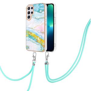 huismerk Voor Samsung Galaxy S22 Ultra 5G Electroplating Marmeren IMD TPU Telefoonhoesje met Lanyard (Groen 004)