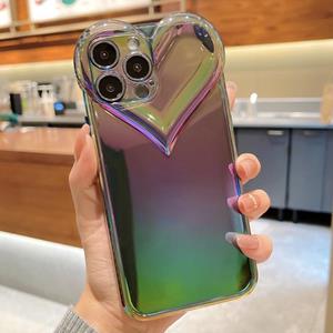 huismerk Love-Heart Kleurrijke TPU Telefoon Beschermend geval voor iPhone 13 Pro Max (galvaniseren paars groen)