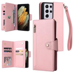 Voor Samsung Galaxy S21 Ultra 5G Klinknagelgesp 9 kaarten Drie vouw leren telefooncase (Rose Gold)