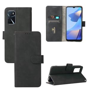 huismerk Voor Oppo A16 Solid Color Skin Feel Magnetic Buckle Horizontale Flip Calf Texture PU Lederen Case met Houder & Card Slots & Portemonnee (Zwart)