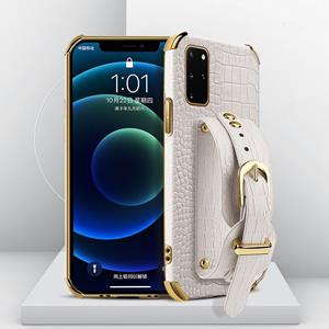 huismerk Gegalvaniseerde TPU krokodil patroon lederen hoesje met polsband voor Samsung Galaxy S20 +(wit)