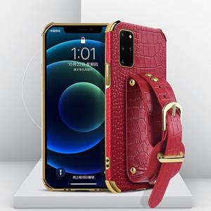 huismerk Gegalvaniseerde TPU krokodil patroon lederen hoesje met polsband voor Samsung Galaxy S20 +(rood)