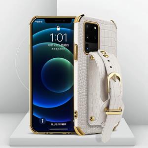 huismerk Gegalvaniseerde TPU krokodil patroon lederen geval met polsband voor Samsung Galaxy S20 Ultra (wit)