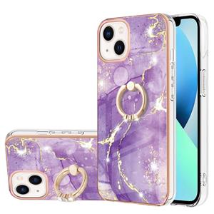 huismerk Electroplating Marmeren Patroon IMD TPU Schokbestendig Case met Ringhouder voor iPhone 13 Mini (paars 002)