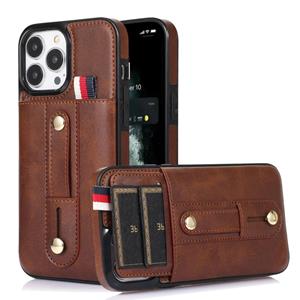 huismerk Polsband Standstand Wallet Lederen telefoonhoesje voor iPhone 13 Pro Max (Brown)