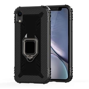 huismerk Voor iPhone XR Carbon Fiber Beschermhoes met 360 graden roterende ringhouder(Zwart)