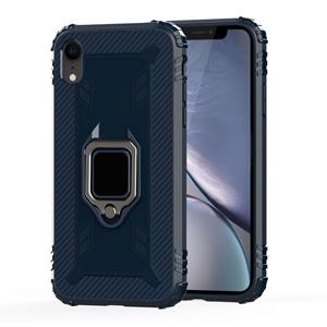 huismerk Voor iPhone XR Carbon Fiber Beschermhoes met 360 graden roterende ringhouder(Blauw)