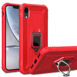 huismerk Voor iPhone XR Carbon Fiber Beschermhoes met 360 graden roterende ringhouder(Rood)