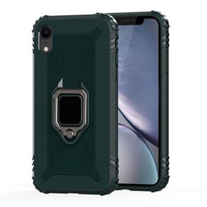 huismerk Voor iPhone XR Carbon Fiber beschermhoes met 360 graden roterende ring houder (groen)