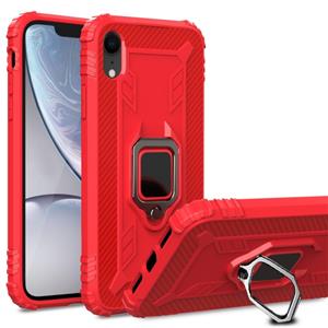 huismerk Voor iPhone X/XS Carbon Fiber beschermhoes met 360 graden roterende ring houder (rood)