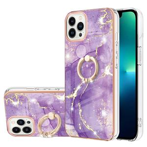 huismerk Electroplating Marmeren Patroon IMD TPU Shockproof Case met ringhouder voor iPhone 13 Pro (Purple 002)