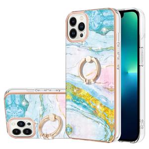 huismerk Electroplating Marmeren Patroon IMD TPU Schokbestendig Case met Ringhouder voor iPhone 13 Pro (Groen 004)