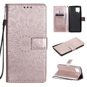 huismerk Voor Samsung Galaxy A42 5G Sun Embossing Patroon Horizontale Flip Lederen Case met Kaart Slot & Houder & Portemonnee & Lanyard (Rose Gold)