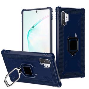 huismerk Voor Galaxy Note 10+ Carbon Fiber Beschermhoes met 360 graden roterende ringhouder(Blauw)