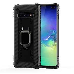 huismerk Voor Galaxy S10 + Carbon Fiber beschermhoes met 360 graden roterende ring houder (zwart)