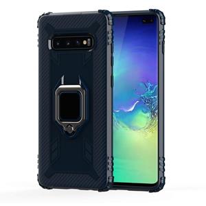 huismerk Voor Galaxy S10+ Carbon Fiber Beschermhoes met 360 graden roterende ringhouder(Blauw)