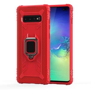 huismerk Voor Galaxy S10+ Carbon Fiber Beschermhoes met 360 graden roterende ringhouder(rood)